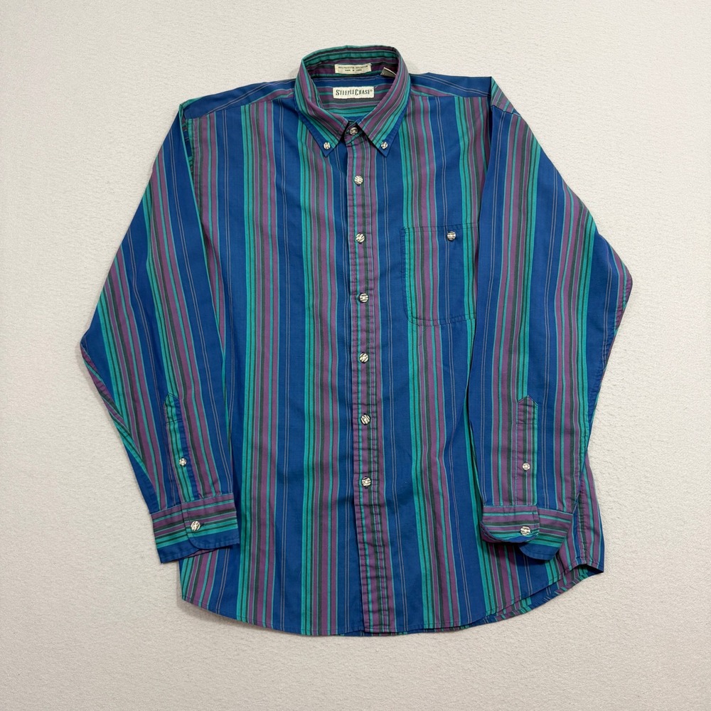 Vintage SteepleChase Button Shirt Large Blue Vertical Stripe Rockabilly 70s 80s